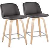 Toriano 24" Swivel Counter Stool in Natural Wood & Grey Leatherette with Chrome Footrest (Set of 2)